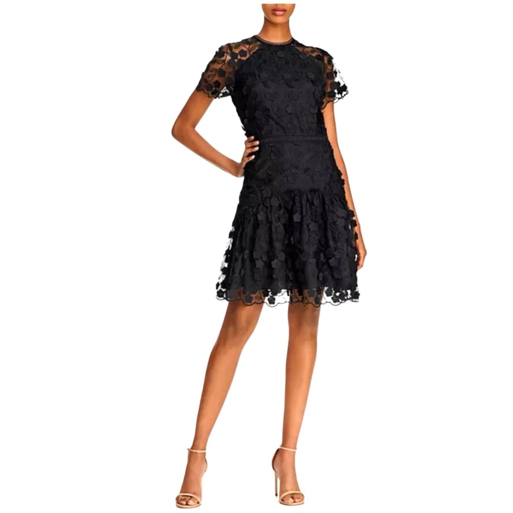 Shoshanna Malia Floral Appliqué Cocktail Black Dress Fairy Whimsigoth 0